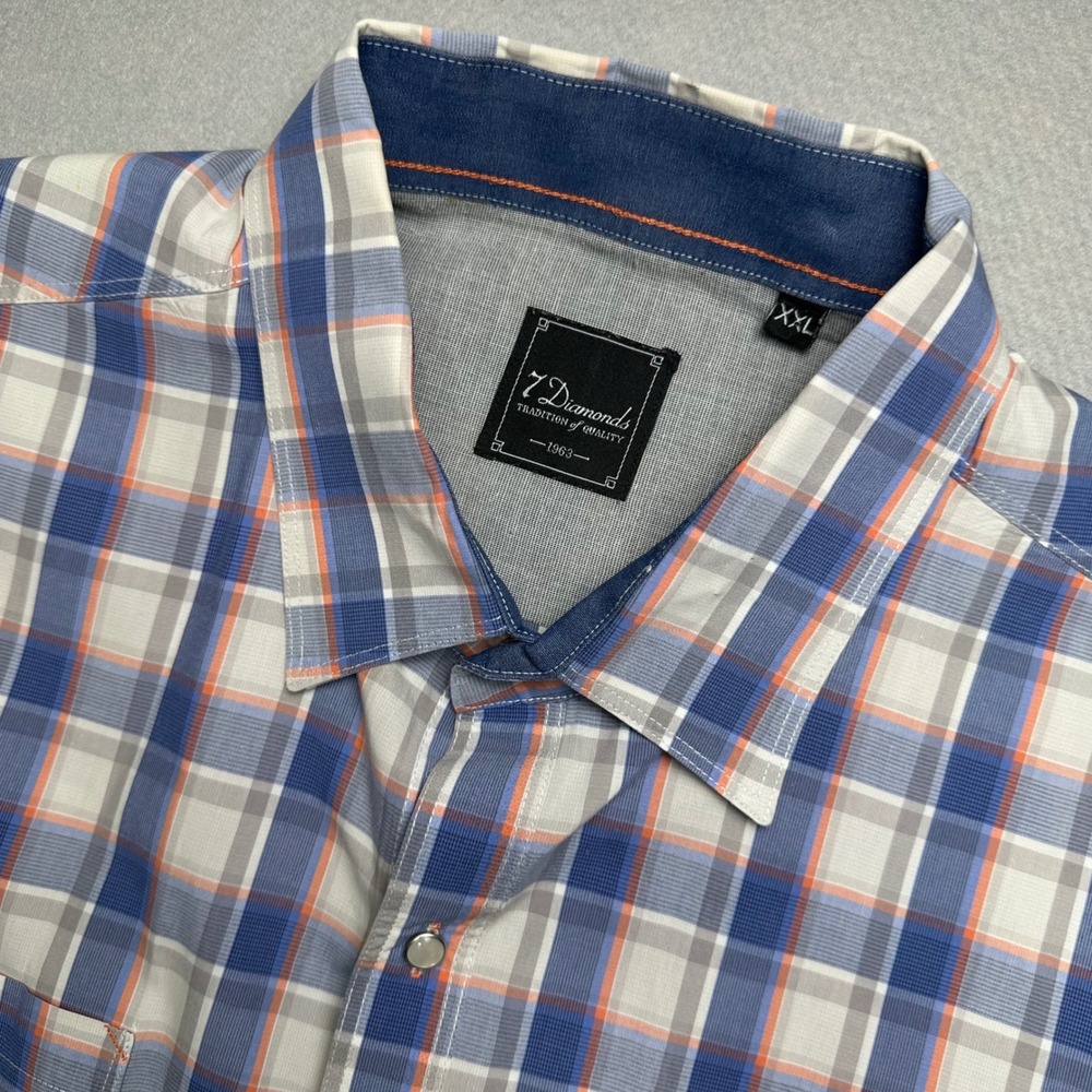 7 Diamonds Button Down Shirt Mens XXL Blue Orange Plaid Short Sleeve Pearl Snap